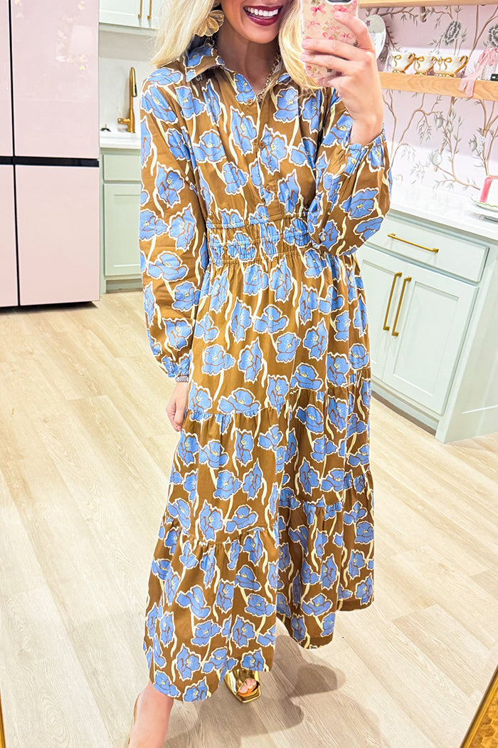 Brown Floral Tiered Midi Dress