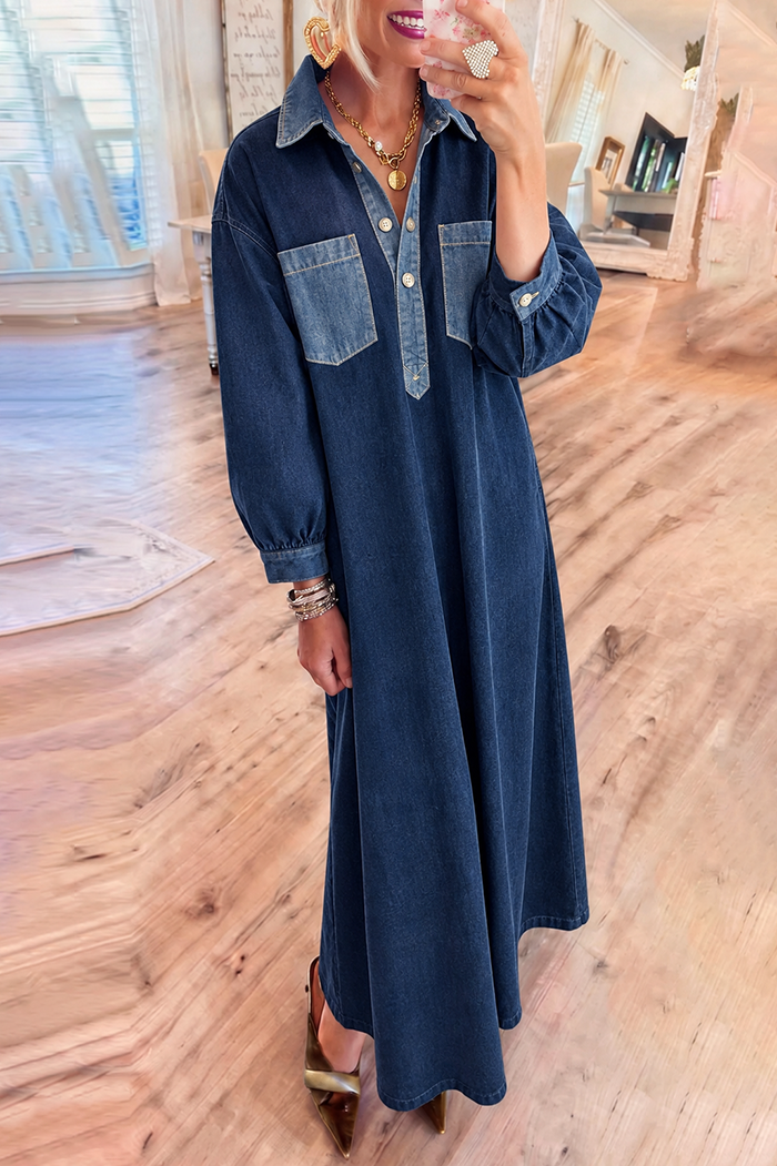 Dark Blue Denim Patch Pocket Maxi Dress