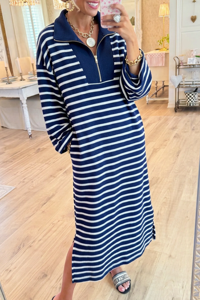 Knit Collared Half Zip Stripe Long Sleeve Side Slit Maxi Dress