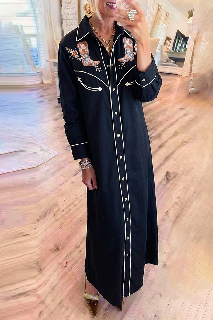 Black Collared Cowboy Boot Embroidery Button Front Maxi Shirt Dress