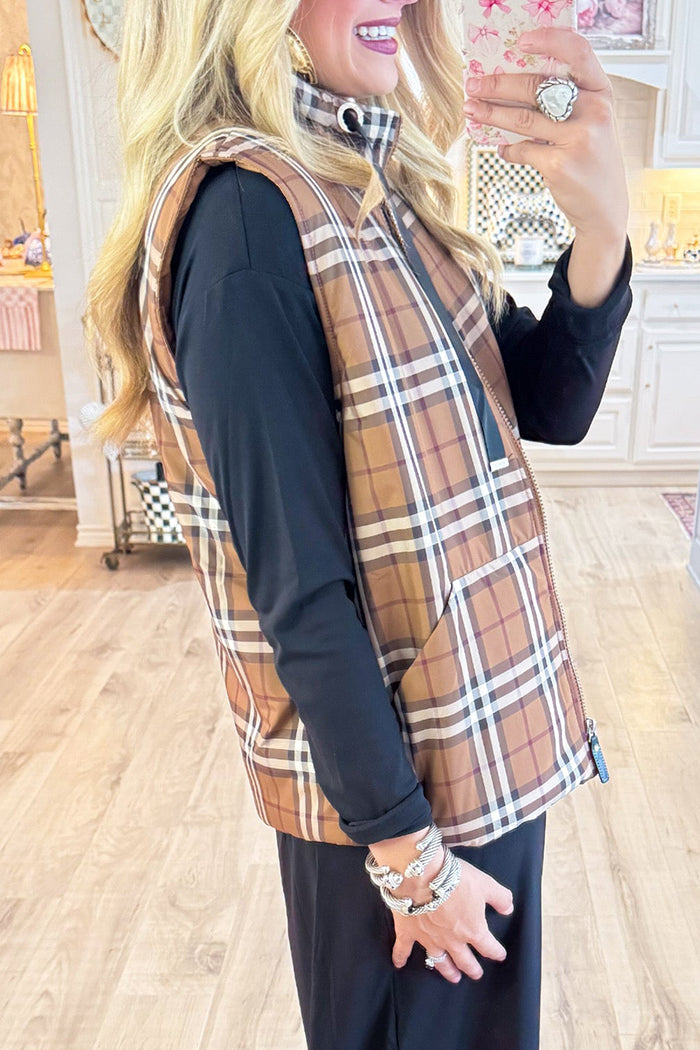 Chestnut Plaid Padded Pockets Vest