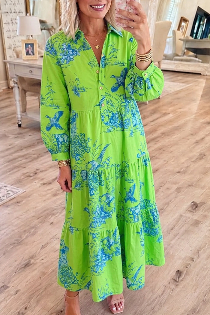 Button Front Tiered Long Sleeve Maxi Dress