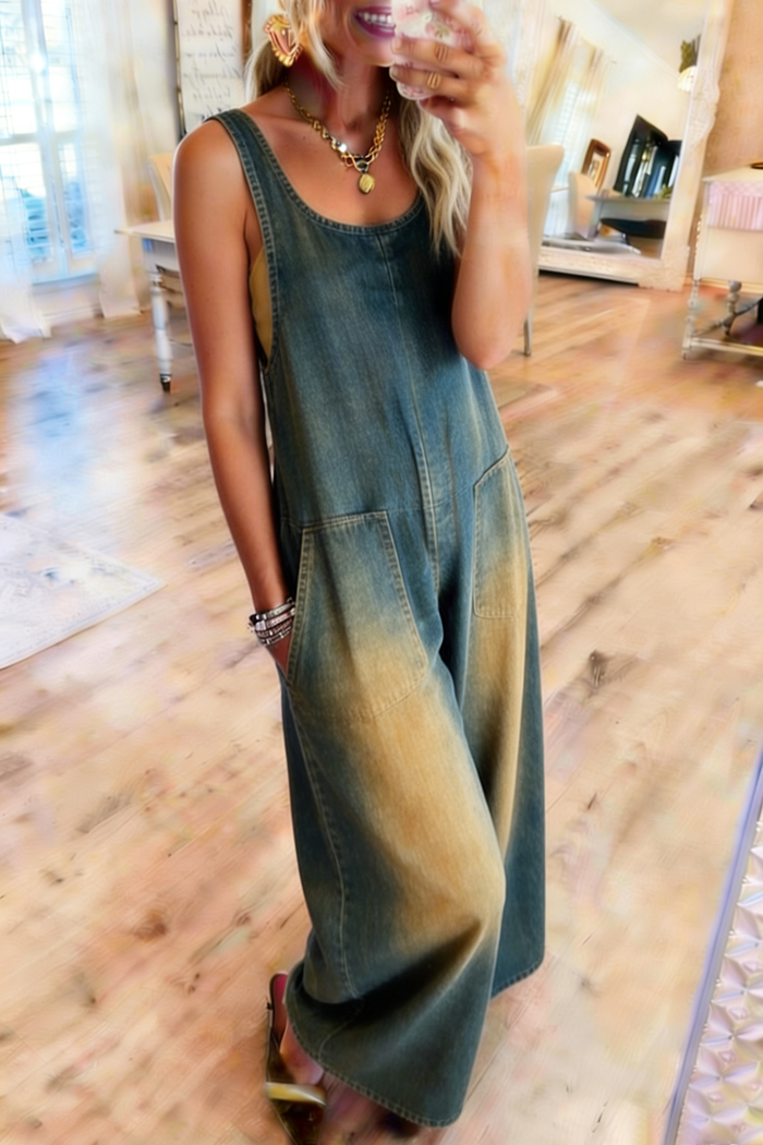 Sleeveless Pocketed Ombre Denim Jumpsuit