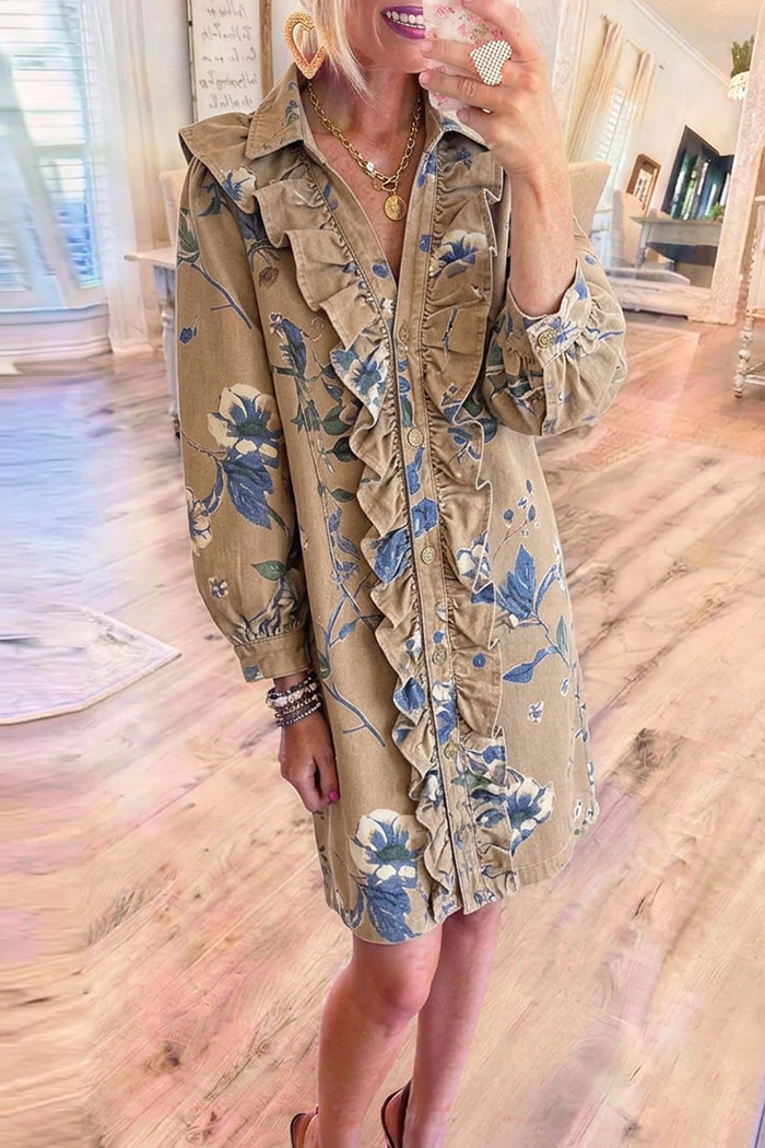 Khaki Denim Ruffle Placket Botanical Floral Shirt Dress