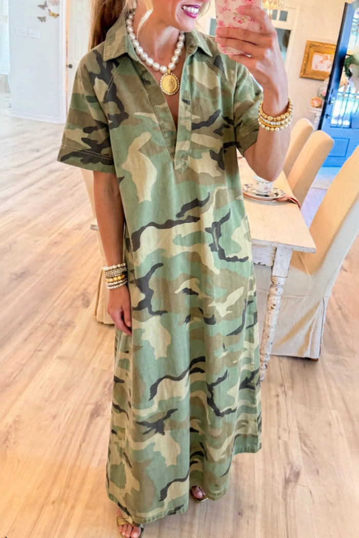 Camo Collar Raglan Sleeve Maxi Dress