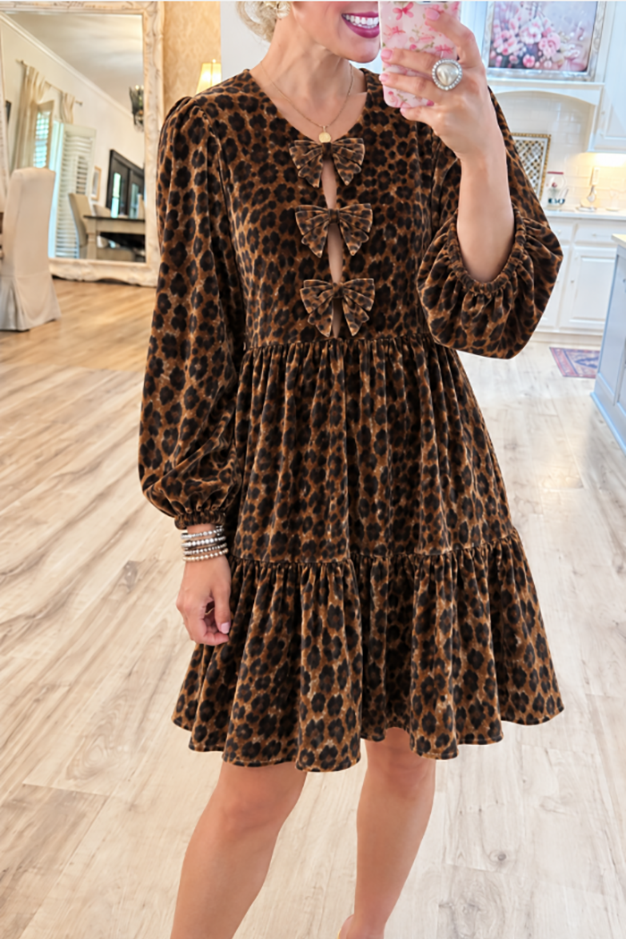 Leopard Velvet Bow Tiered Balloon Sleeve Dress