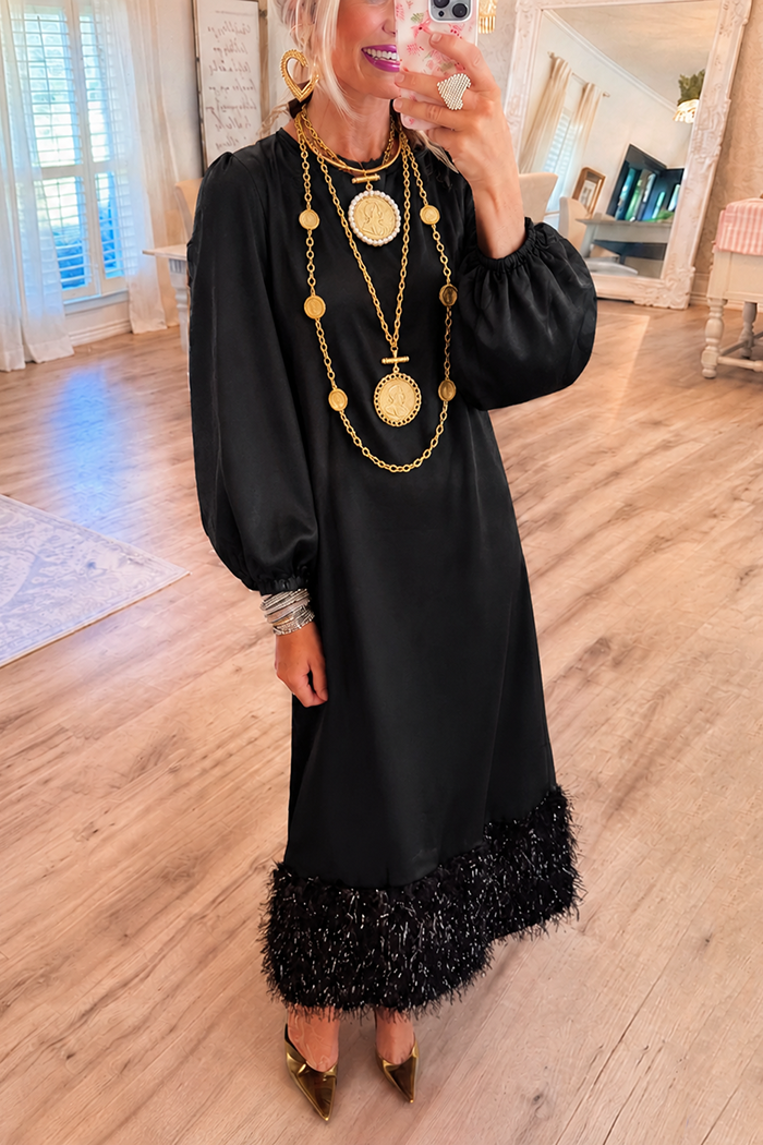 Faux Leather Feather Hem Pocket Maxi Dress