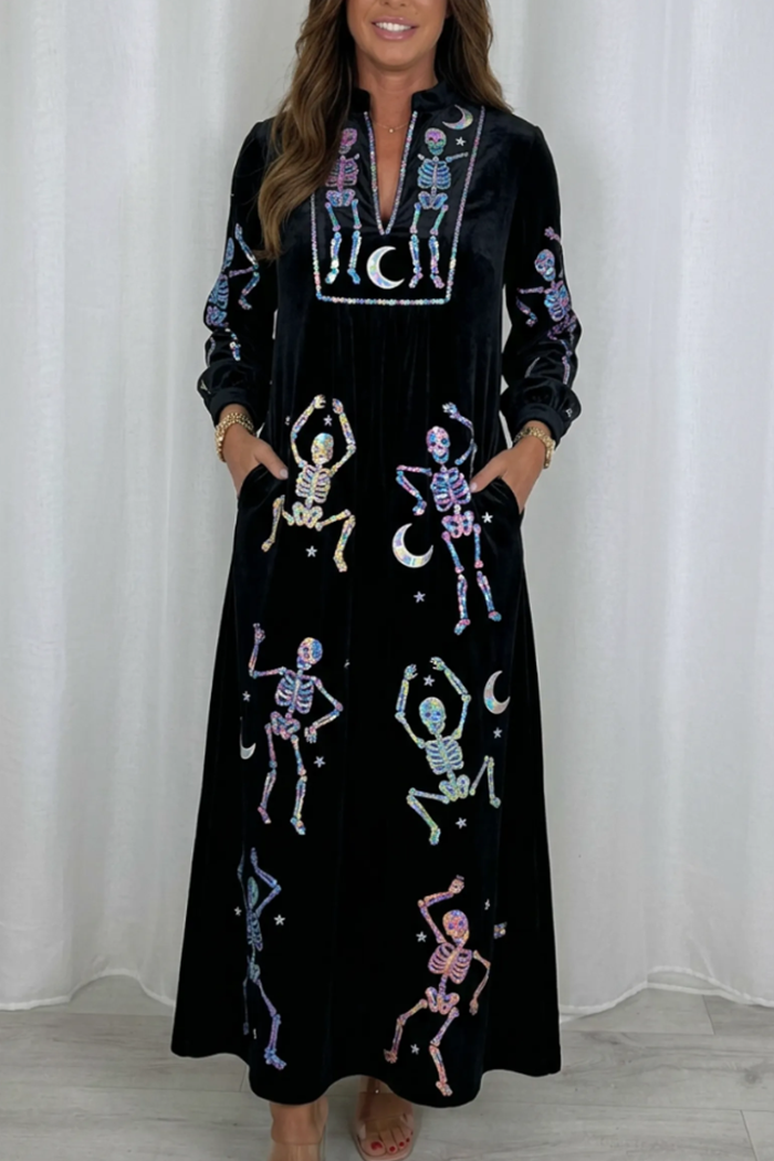 Halloween Skeleton Moon Iridescent Sequin Velvet Pockets Maxi Dress