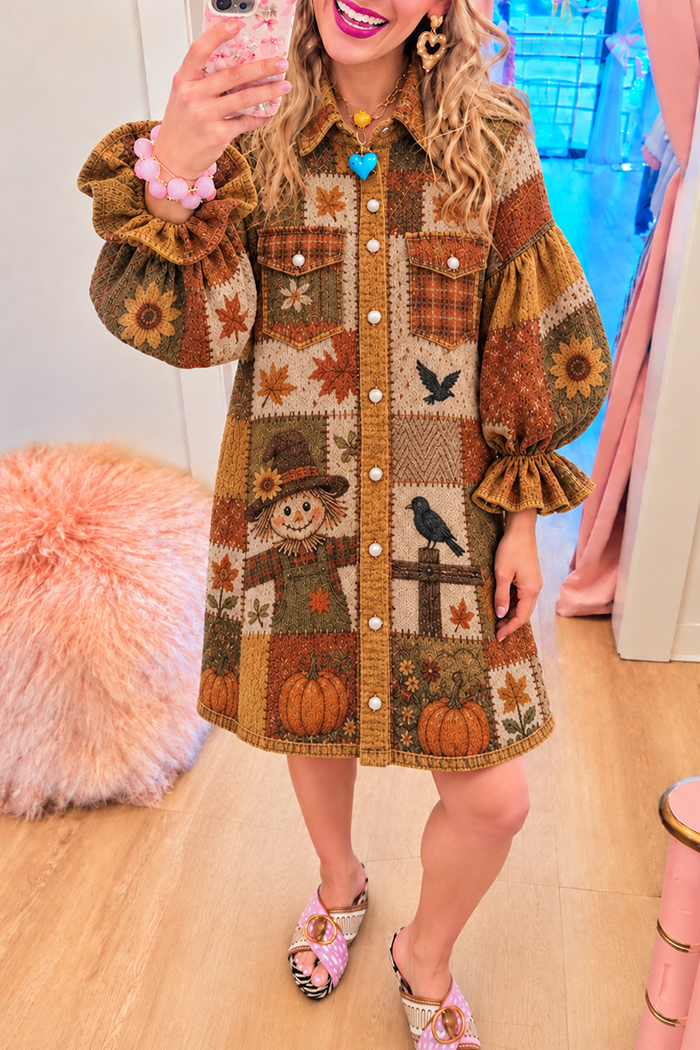Patchwork Scarecrow Puff Ruffle Sleeve Pocket Dress