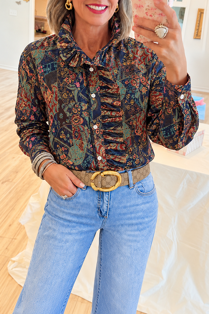 Casual Retro Print Ruffle Shirt