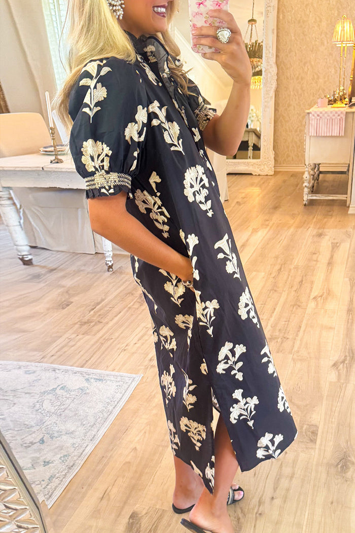 Black Floral Puff Sleeve Midi Dress
