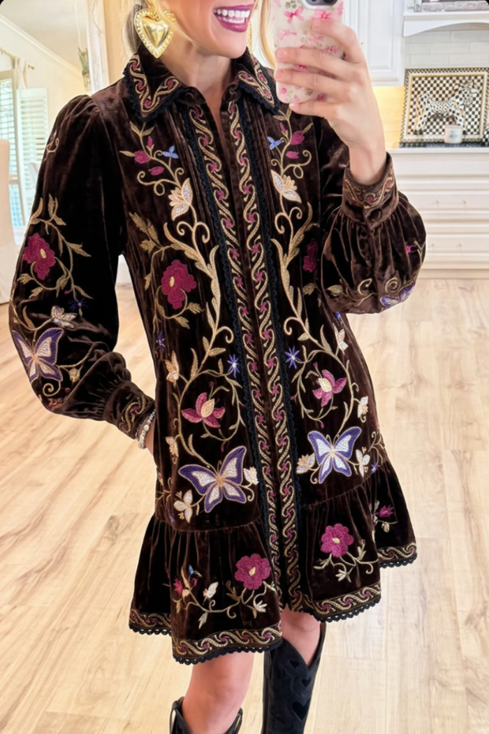 Brown Velvet Floral Butterfly Embroidery Ruffle Hem Dress