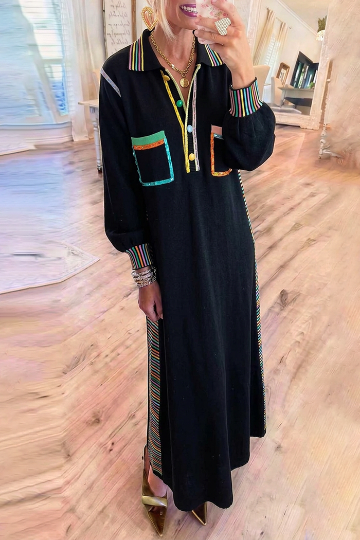 Colorful Trim Knit Half Button Pockets Maxi Dress