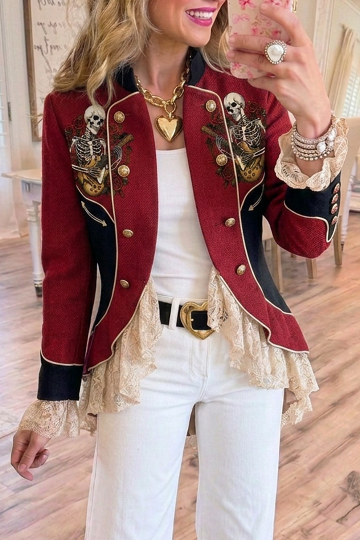 Red Black Color Block Skeleton Guitar Print Lace Ruffle Hem Cropped Jacket