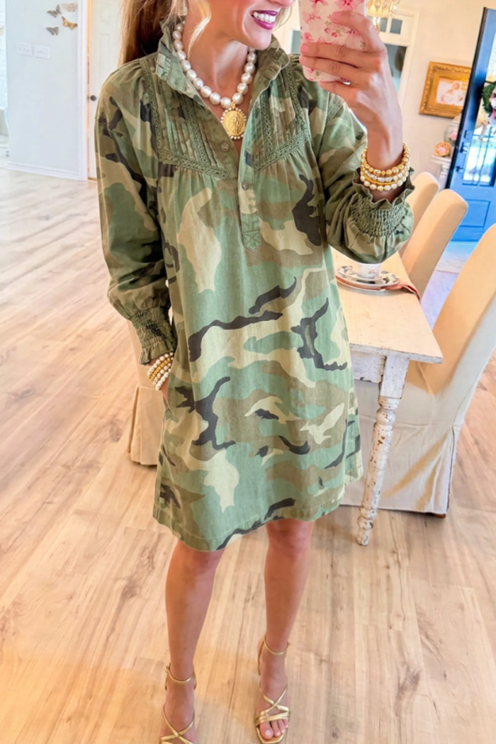 Pintuck Yoke Henley Camo Pocket Shirt Dress