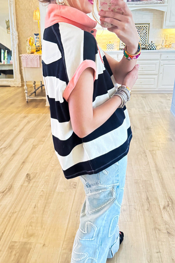 Contrast Stripe Collared Short Sleeve Top