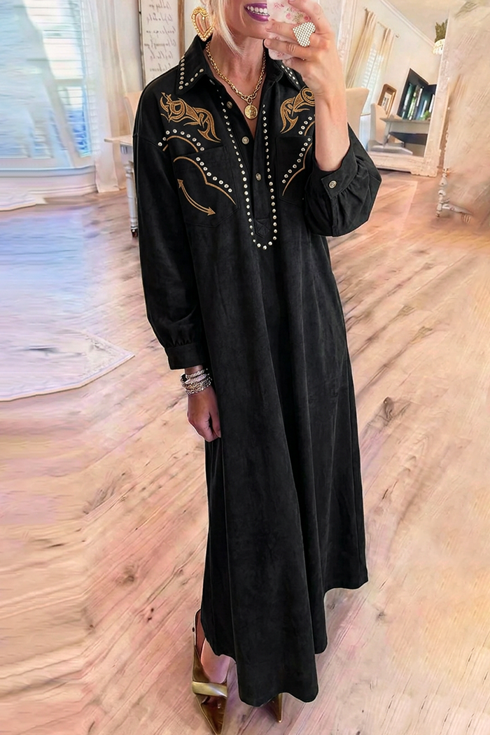 Black Collared Gold Western Embroidery Stud Detail Maxi Dress