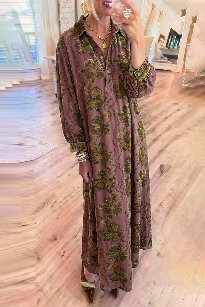 Velvet Floral Collared Chest Pocket Long Sleeve Maxi Dress