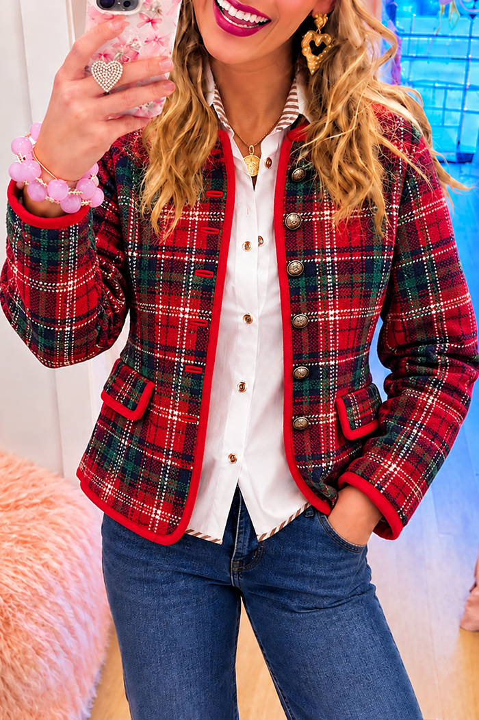 Red Tartan Plaid Christmas Quilted Jacket
