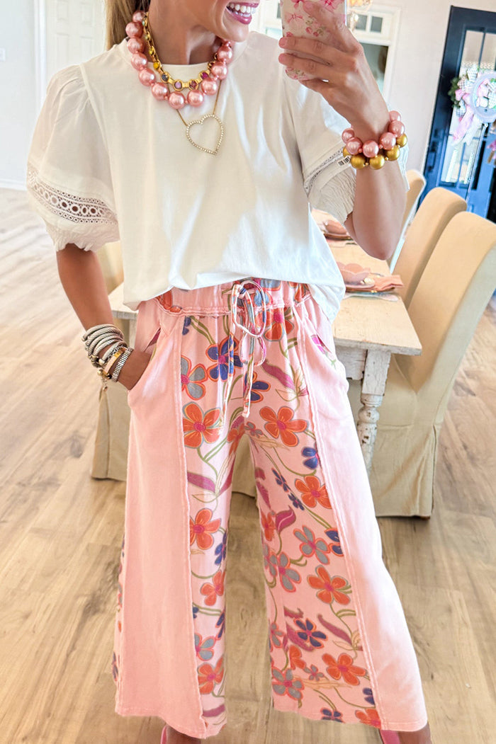 White Puff Short Sleeve Lace Accent Top