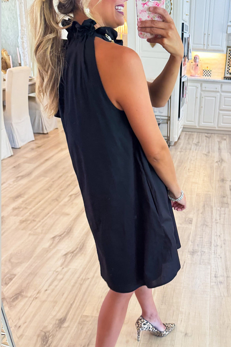 Black Ruffle Neck Bow Dress