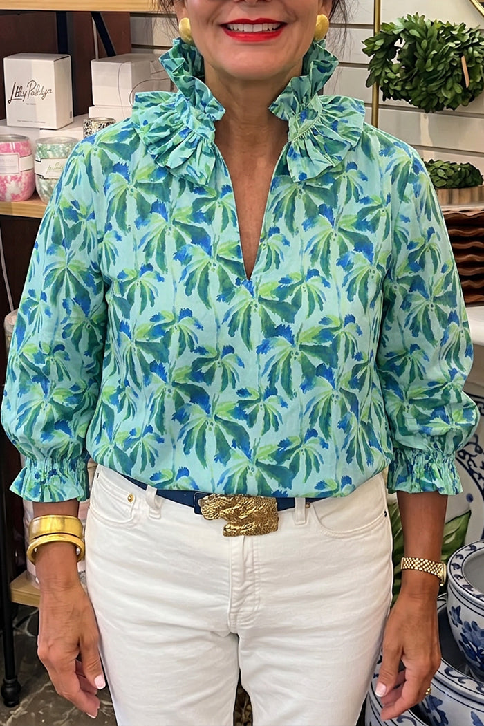 Palm Leaf Print Ruffle Collar Top
