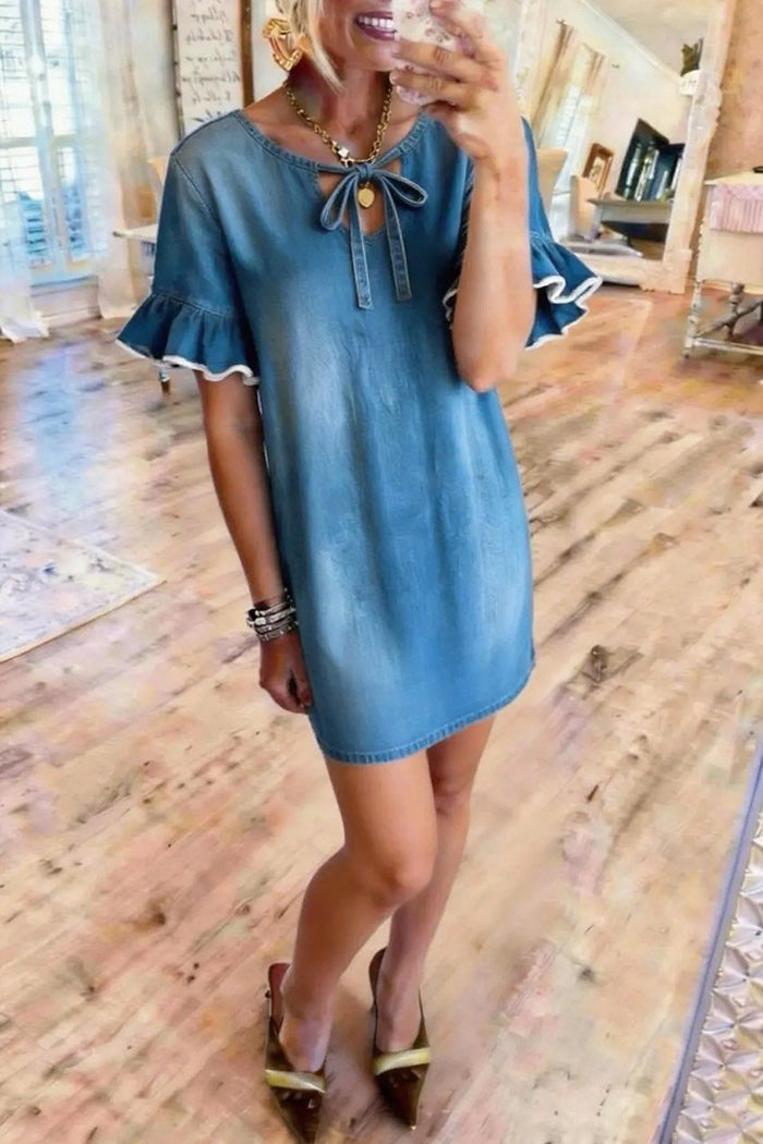 Light Denim Ruffle Sleeve Shift Dress