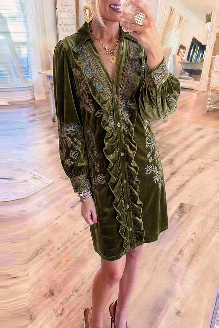 Olive Green Velvet Ruffle Floral Embroidery Puff Sleeve Dress