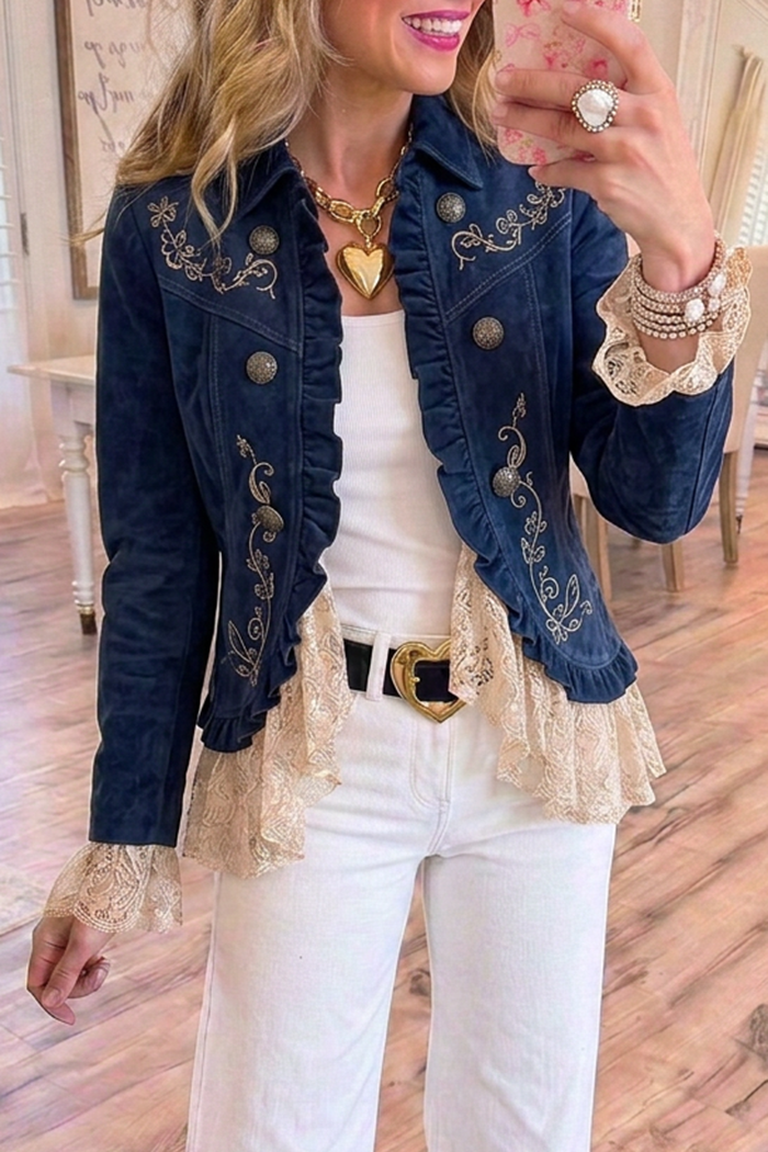 Navy Western Floral Scroll Embroidery Ruffle Jacket