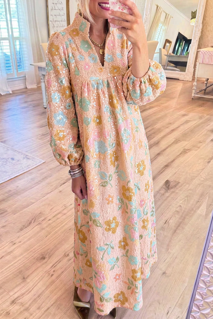 Floral Sequin Stand Collar Balloon Sleeves Pockets Maxi Dress