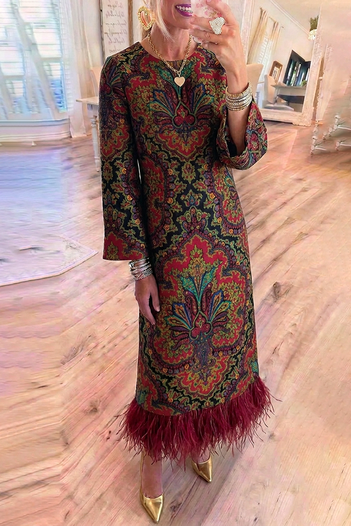 Paisley Floral Jacquard Round Neck Feather Hem Pockets Maxi Dress
