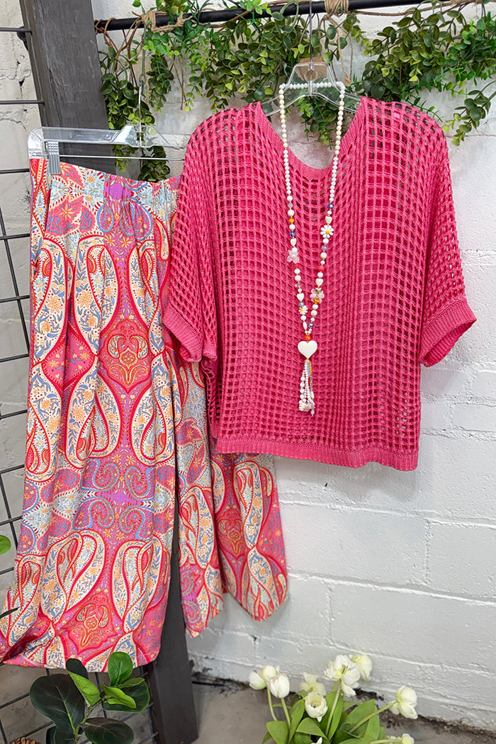 Mesh Knit Top Paisley Print Wide Leg Pants Set