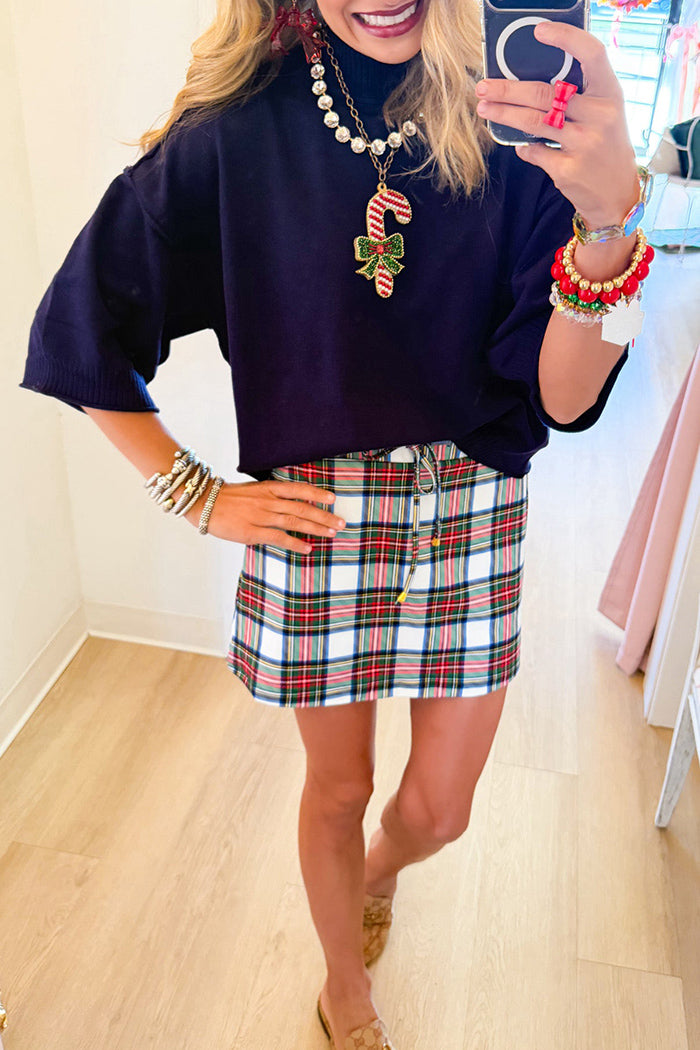 White Christmas Plaid Drawstring Skort