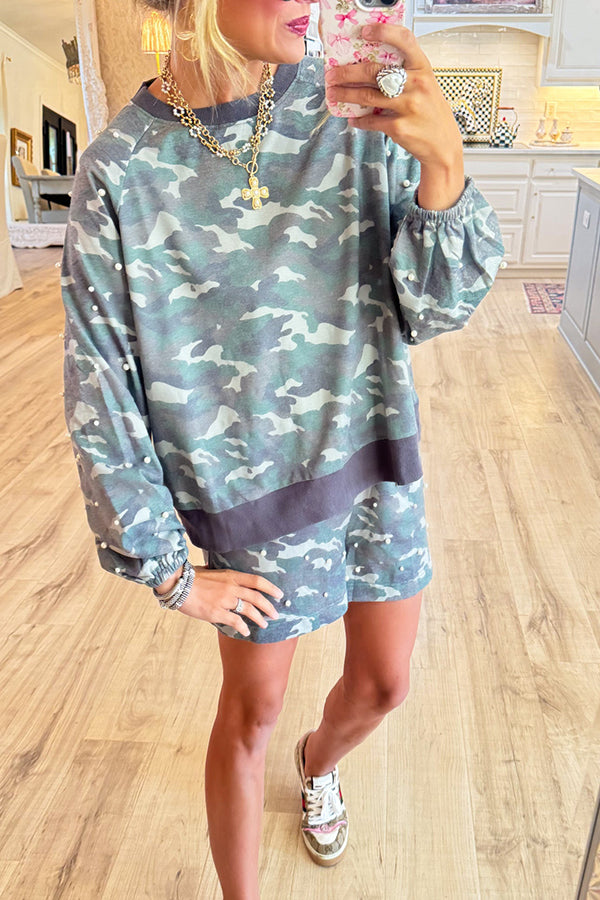 Camo Pearl Detail Short Set