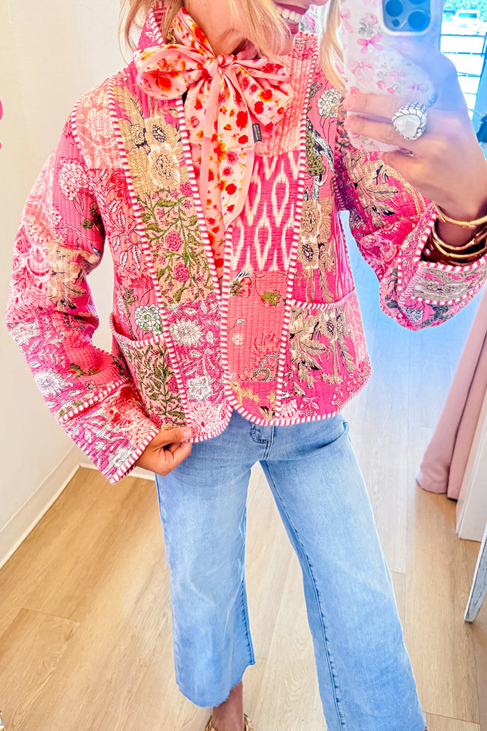 Pink Floral Quilted Pocket Jacket