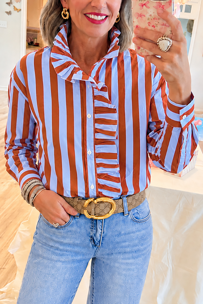 Red and Blue Striped Ruffled Trim Top