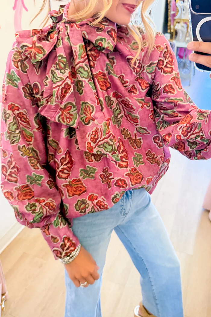 Pink Floral Ruffle Neck Tie Top
