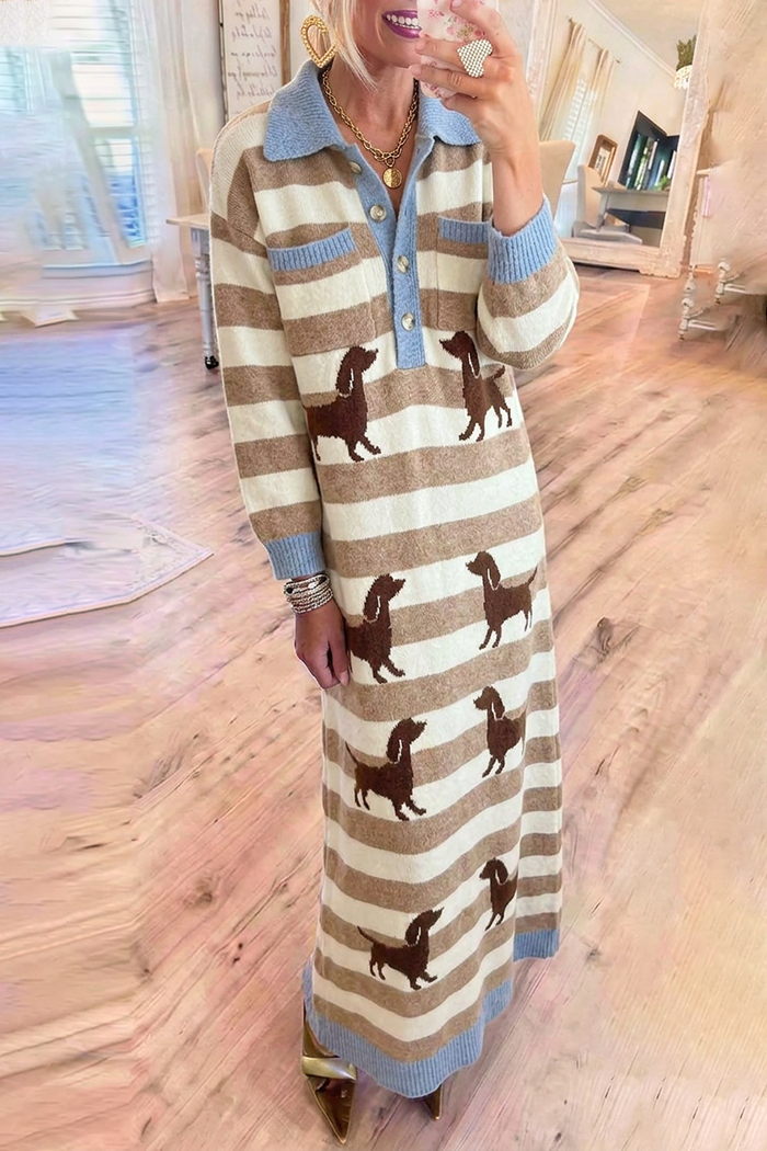Dachshund Motif Stripe Knit Contrast Pockets Long Sleeve Maxi Dress