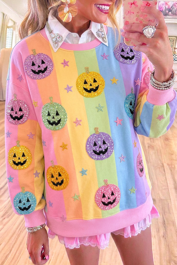 Rainbow Stripe Halloween Sequin Pumpkin Long Sleeve Sweatshirt