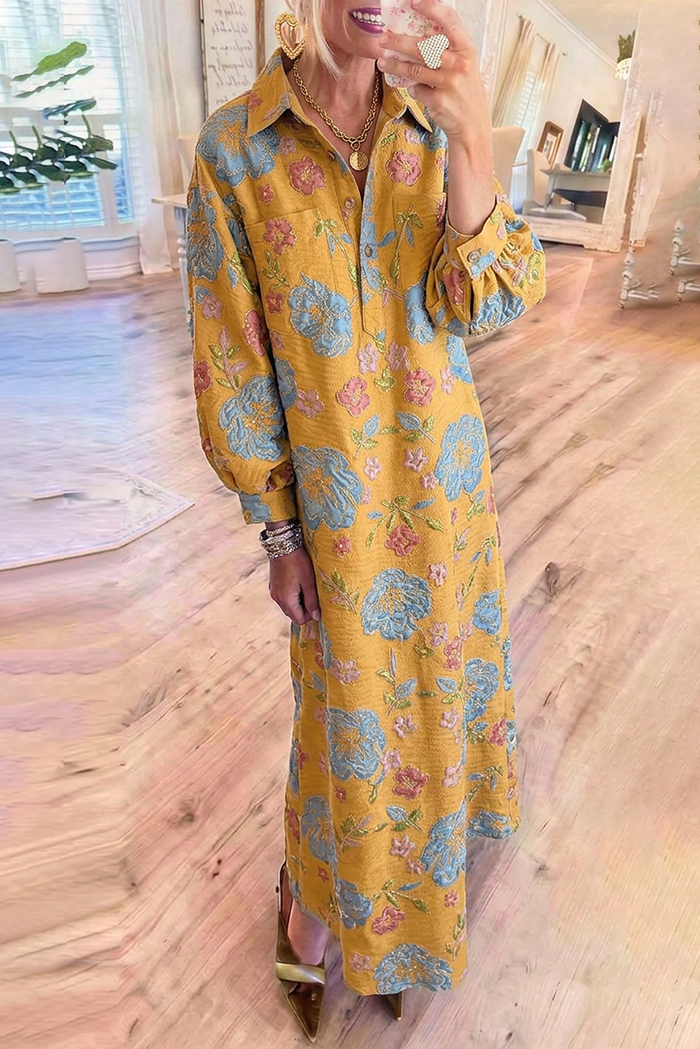 Floral Jacquard Collar Pocket Maxi Dress