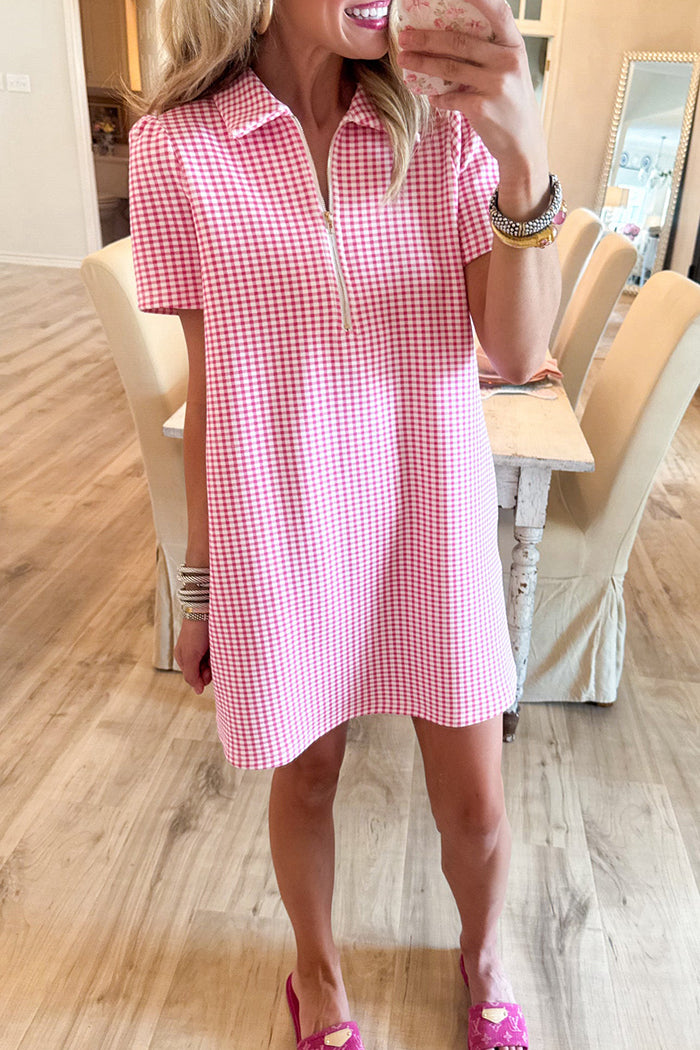 Pink Gingham Half Zip Pocket Mini Dress