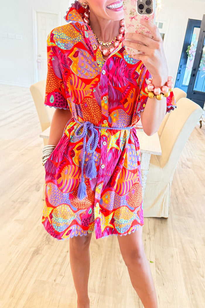 Red Fish Print Scallop Trim Dress