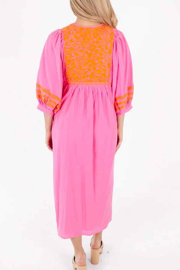 Embroidered Detail Pockets Midi Dress