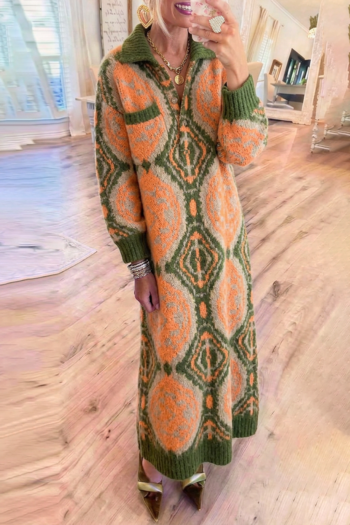 Geo Jacquard Knit Collared Long Sleeves Maxi Dress