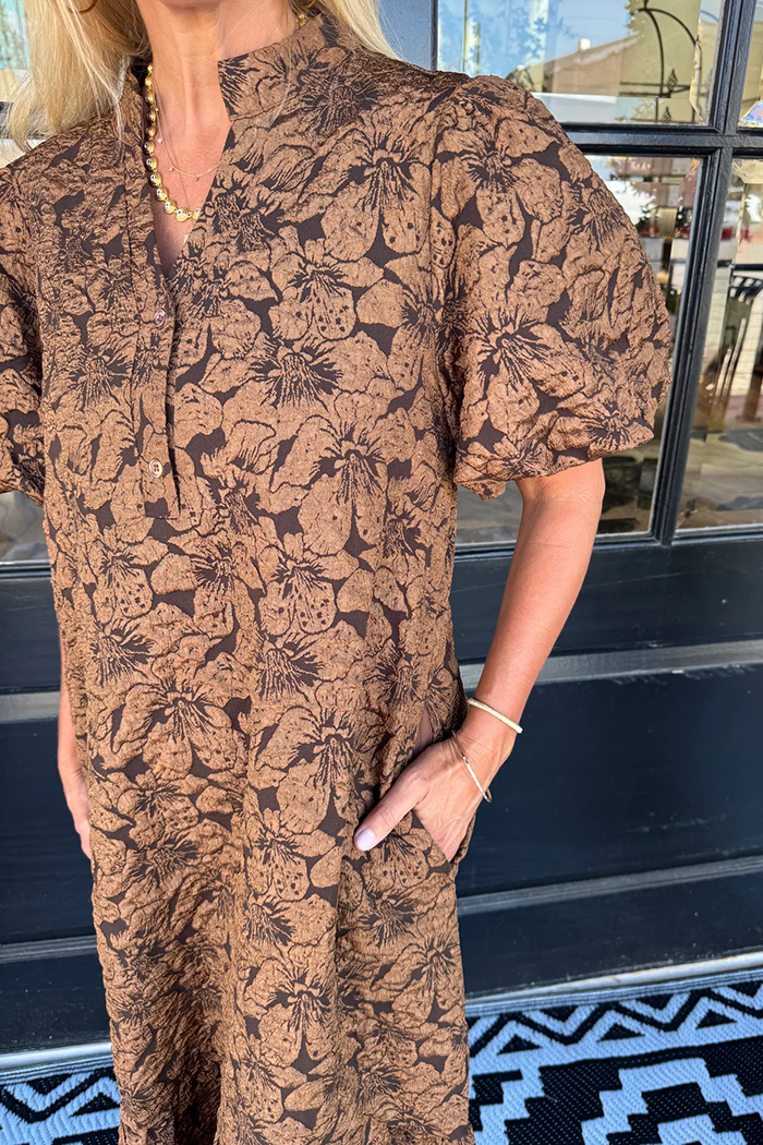 Brown Puff Short Sleeve Floral Dress