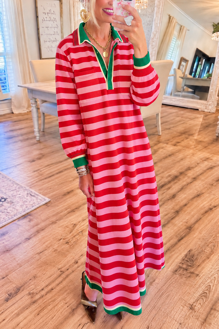 Contrast Trim Striped Pocket Knit Maxi Dress