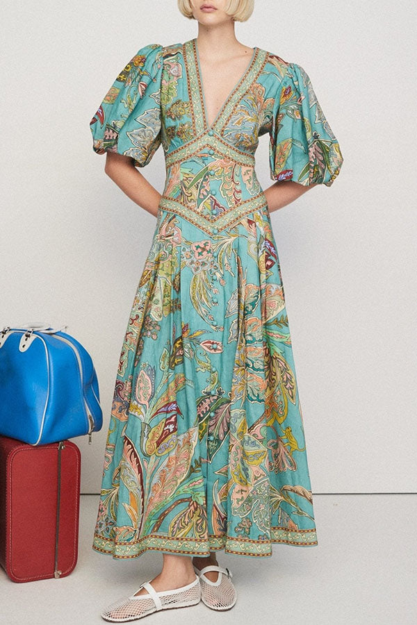 Vintage Print Puffy Sleeve Dress