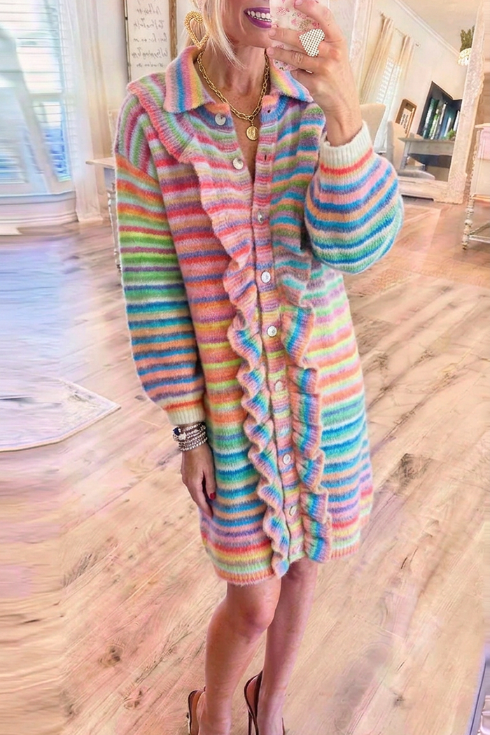 Rainbow Stripe Knit Collared Ruffle Button Front Shift Dress