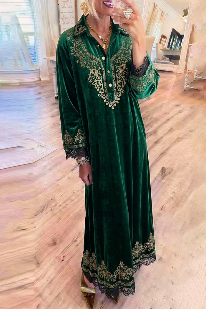 Velvet Gold Floral Lace Trim Maxi Dress