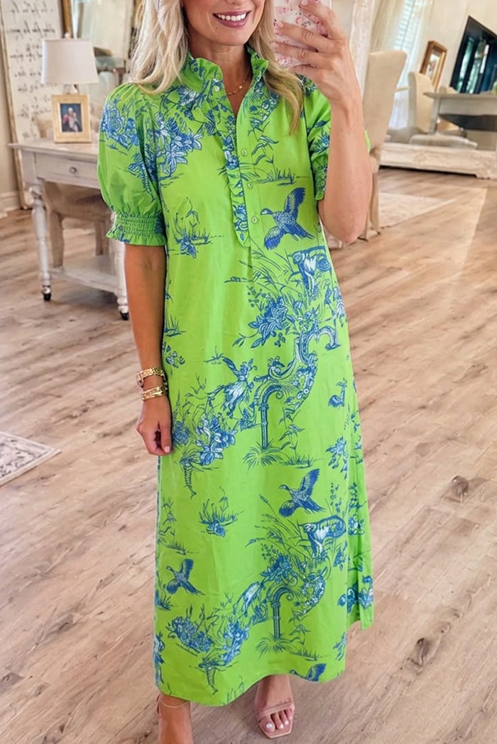 Ruffled Collar Puff Sleeve Maxi Dress